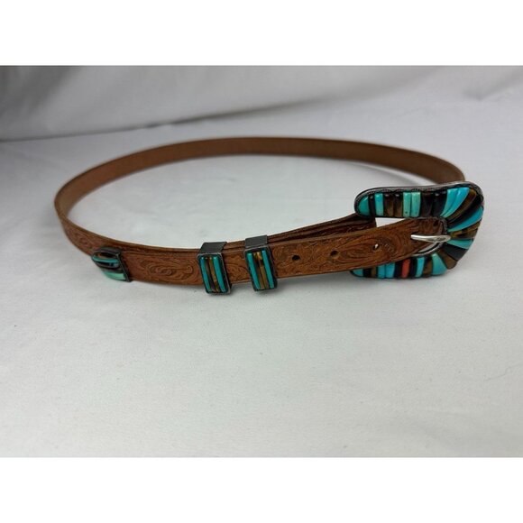 Vintage Rare Carlos Eagle Sterling Silver Inlay Buckle Belt Turquoise Coral Tige - Picture 7 of 9